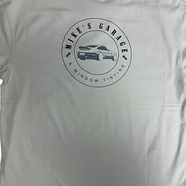 Screen-printed t-shirt with the Mike's Garage & Window Tinting logo